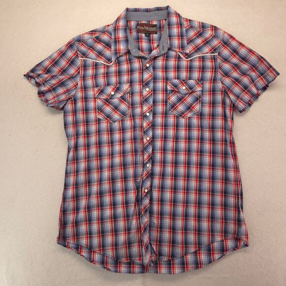 Rock & Roll Cowboy Short Sleeve Button Up T-Shirt Adult Mens Size XL Red Blue - Picture 2 of 9